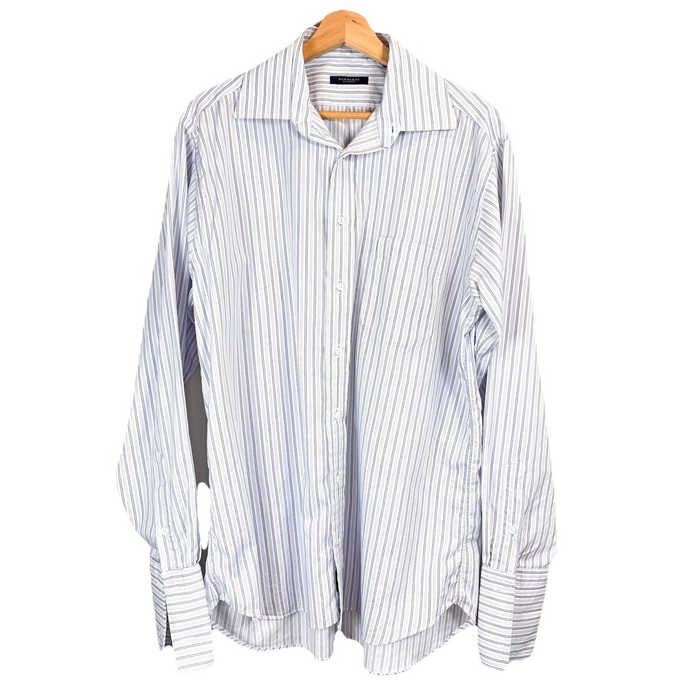 Burberry London Button Up Shirt Mens 16R Blue Pin Stripe Business French Cuff